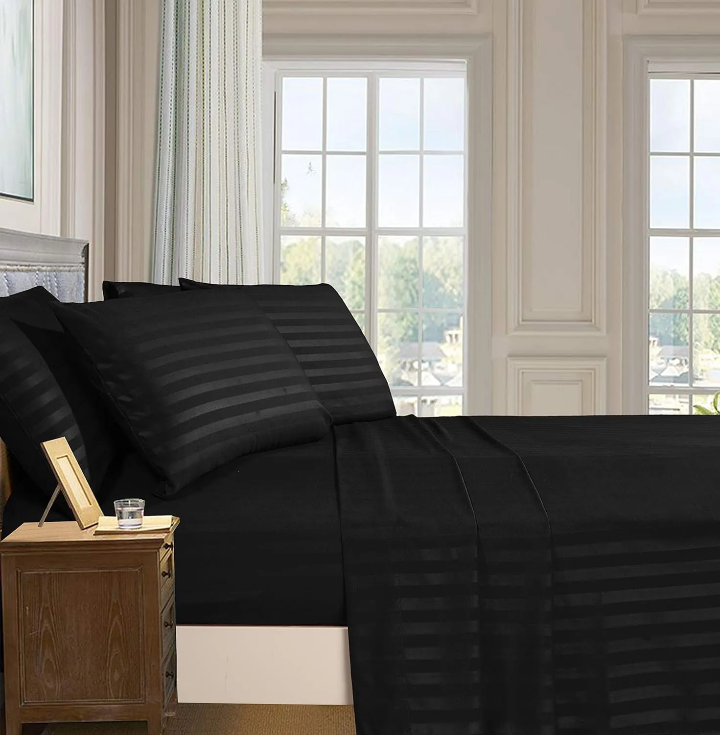 Elegant Comfort Best, Softest, Coziest 6-Piece Sheet Sets! - 1500 Premier Hotel Quality Luxurious Wrinkle Resistant 6-Piece Damask Stripe Bed Sheet Set, California King Black