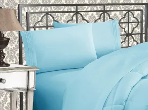 Elegant Comfort Luxurious 1500 Premium Hotel Quality Microfiber Three Line Embroidered Softest 4-Piece Bed Sheet Set, Wrinkle and Fade Resistant, King, Aqua Blue