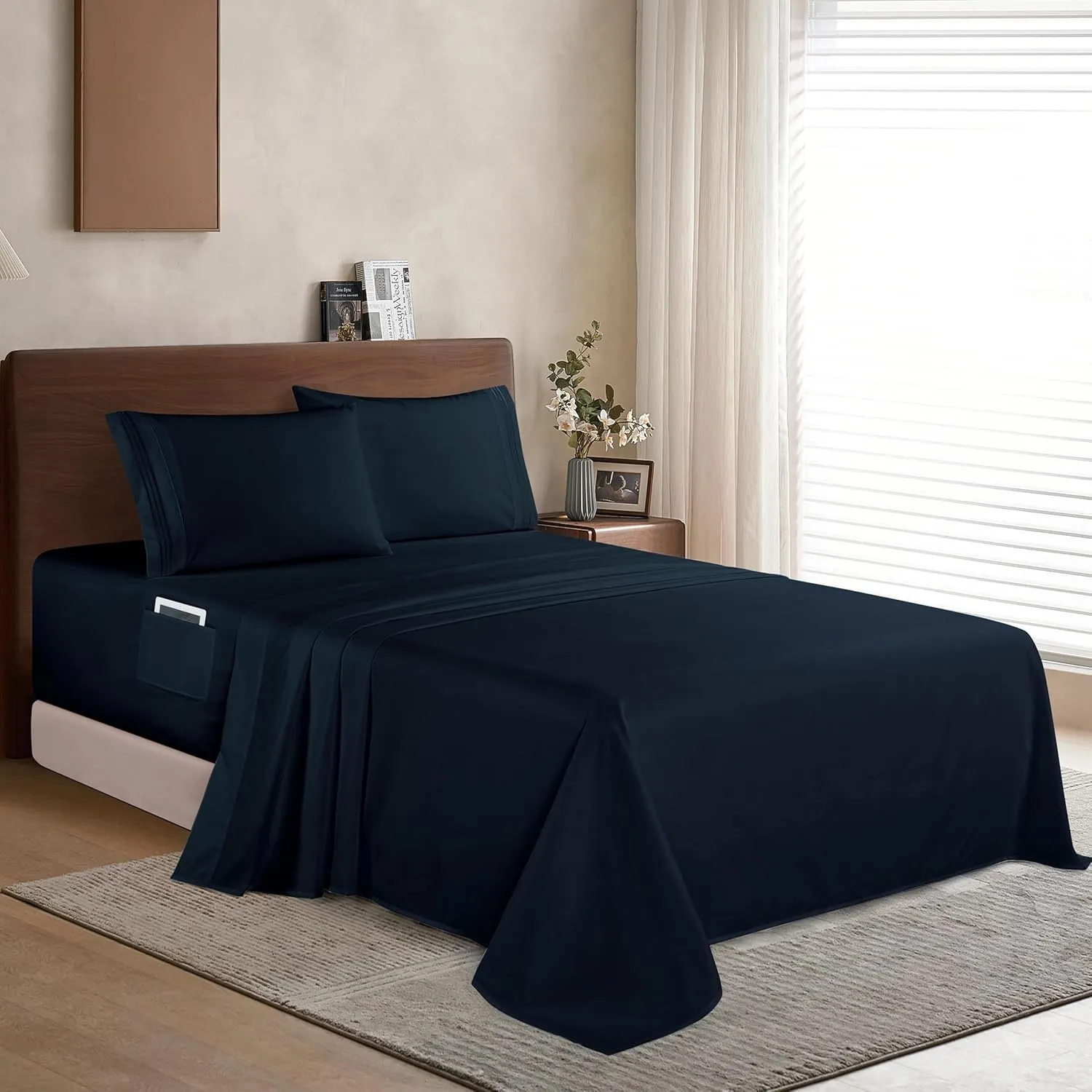 Elegant Comfort Luxury 1500 Premium Hotel Quality Microfiber 4-Piece Sheet Set - Soft, All Around Elastic 18-24 Inches Deep Fitted Sheet - Extra Deep Pocket Sheets, King, Black