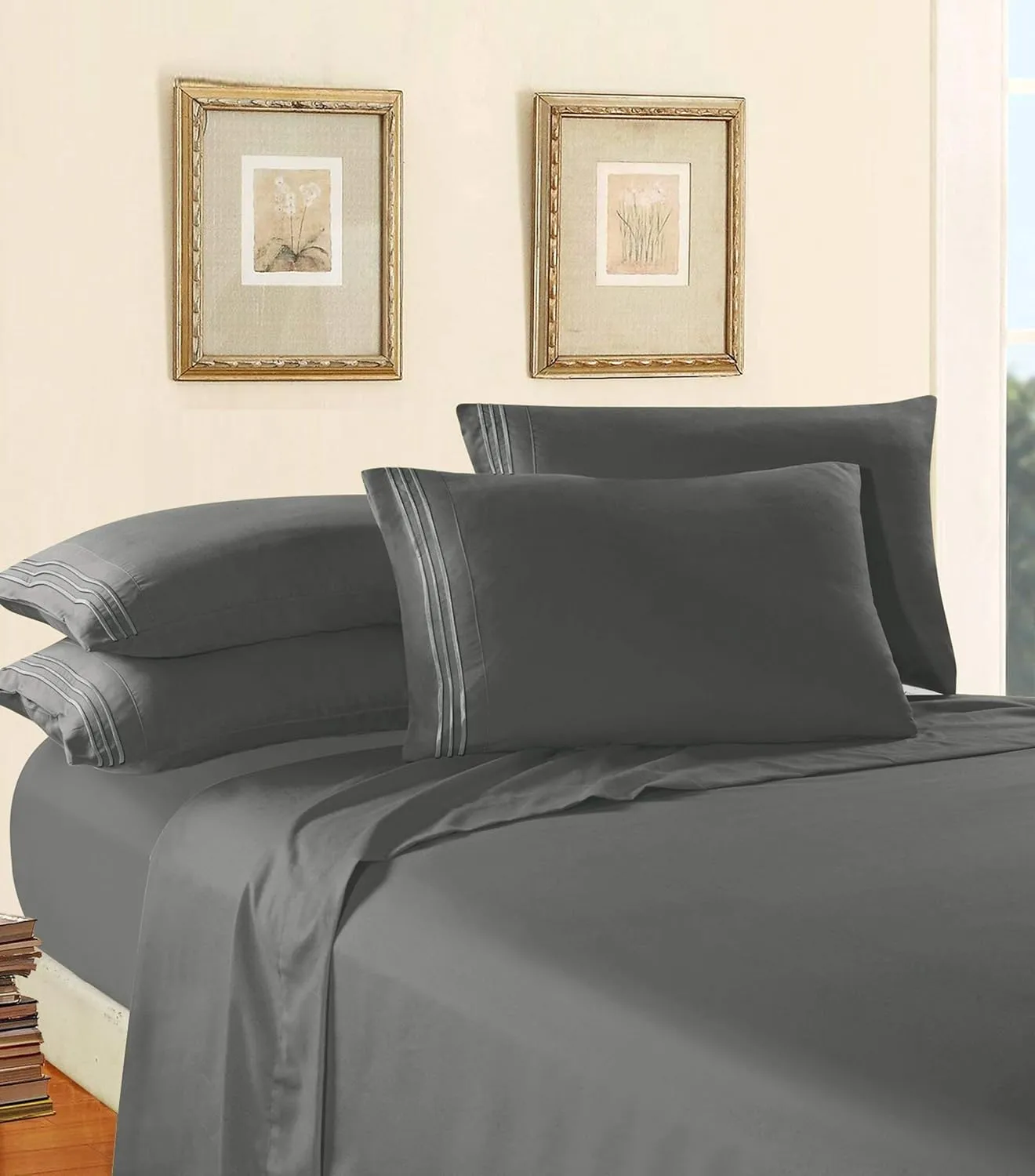 Elegant Comfort Luxury Bed Sheet Set on Amazon Three-Line Design 1500 Premier Hotel Quality Wrinkle and Fade Resistant 4-Piece Bed Sheet Set, Deep Pocket, Queen, Grey