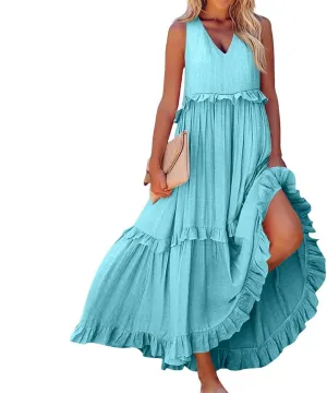 Elegant Women's Sleeveless Plus Size Boho Dress with V-Neck and Ruffle Hem Perfect for Summer Parties