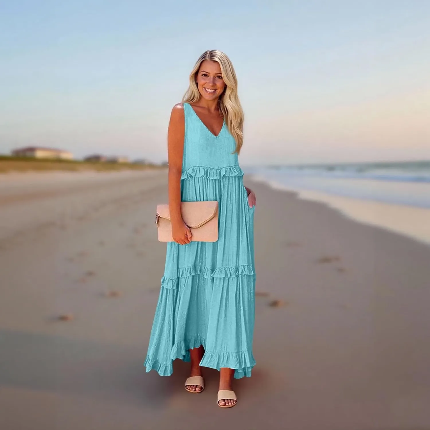Elegant Women's Sleeveless Plus Size Boho Dress with V-Neck and Ruffle Hem Perfect for Summer Parties