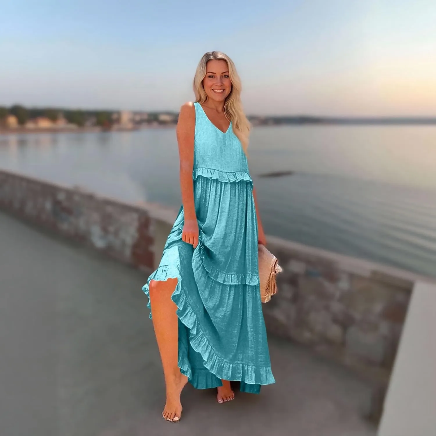 Elegant Women's Sleeveless Plus Size Boho Dress with V-Neck and Ruffle Hem Perfect for Summer Parties