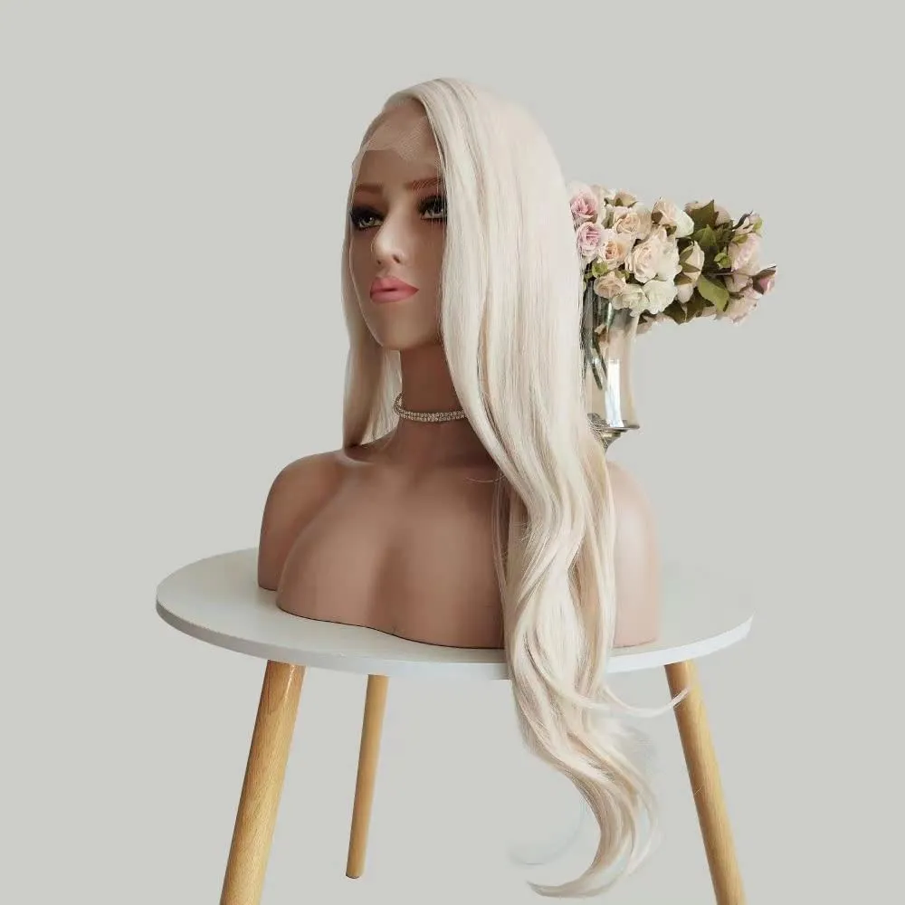 ELESTY 13 * 3.5 Synthetic Lace Front Wigs Long Wavy White Blonde Glueless Wig Side Part Heat Resistant Fiber Hair Daily Elsa Cosplay Wigs Drag Queen