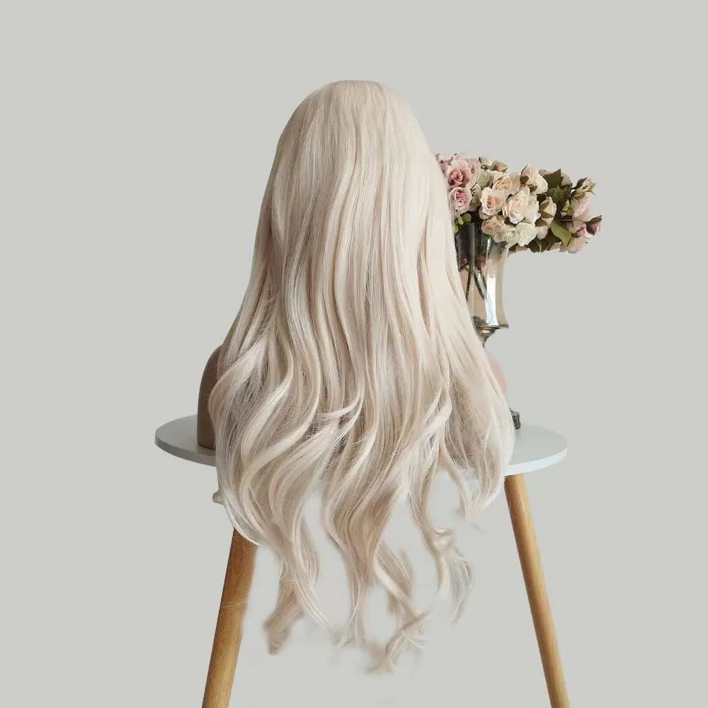 ELESTY 13 * 3.5 Synthetic Lace Front Wigs Long Wavy White Blonde Glueless Wig Side Part Heat Resistant Fiber Hair Daily Elsa Cosplay Wigs Drag Queen