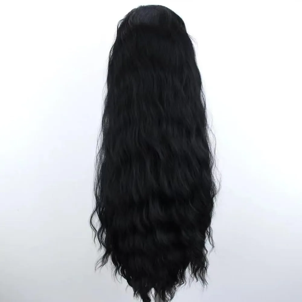 ELESTY 13 * 4 Long Wavy Black Hair Synthetic Lace Front Wigs for Women Loose Curly Natural Hairline Heat Resistant Fiber Lace Front Wigs Water Wave Free Part Glueless Wigs Cosplay Dairly Use 24Inch