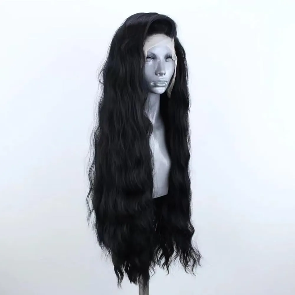 ELESTY 13 * 4 Long Wavy Black Hair Synthetic Lace Front Wigs for Women Loose Curly Natural Hairline Heat Resistant Fiber Lace Front Wigs Water Wave Free Part Glueless Wigs Cosplay Dairly Use 24Inch