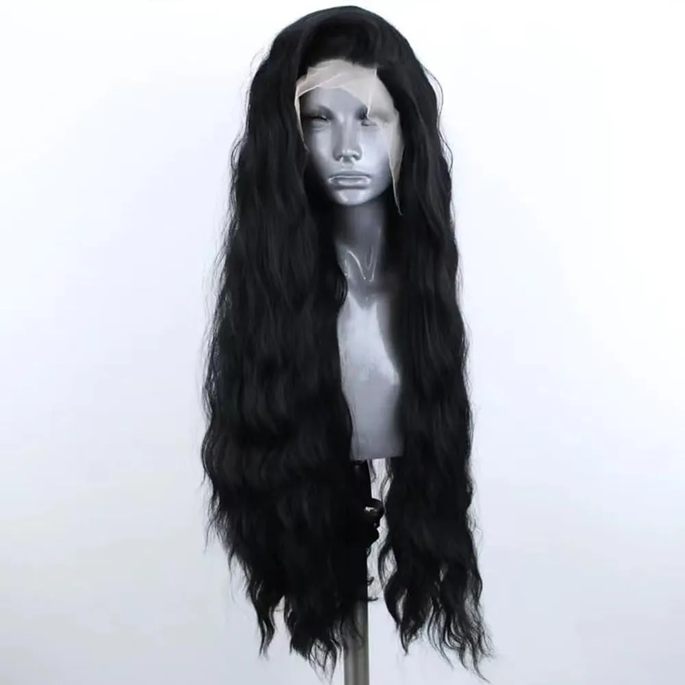 ELESTY 13 * 4 Long Wavy Black Hair Synthetic Lace Front Wigs for Women Loose Curly Natural Hairline Heat Resistant Fiber Lace Front Wigs Water Wave Free Part Glueless Wigs Cosplay Dairly Use 24Inch