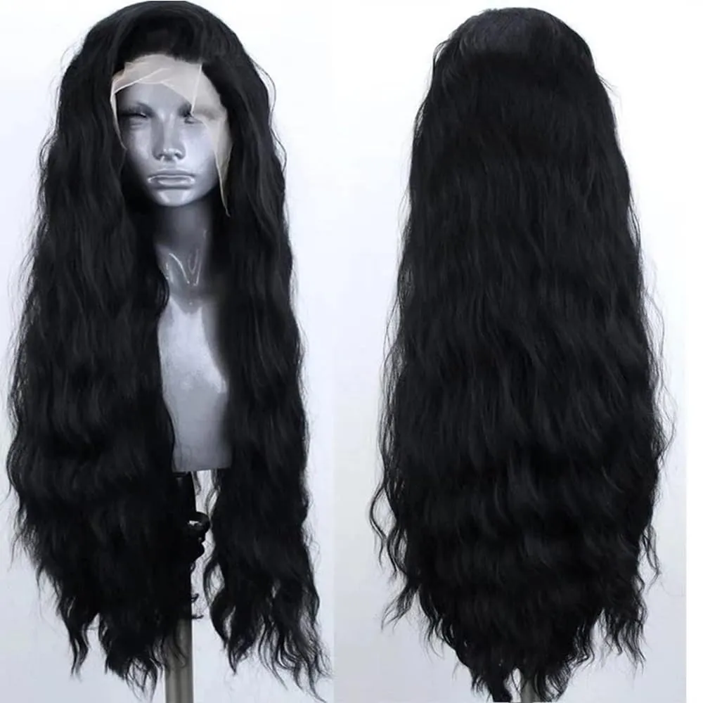 ELESTY 13 * 4 Long Wavy Black Hair Synthetic Lace Front Wigs for Women Loose Curly Natural Hairline Heat Resistant Fiber Lace Front Wigs Water Wave Free Part Glueless Wigs Cosplay Dairly Use 24Inch