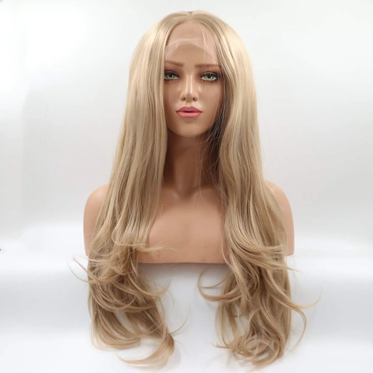 ELESTY Dirty Blonde Synthetic Lace Front Wig Middle Part High Temperature Heat Resistant Fiber Hair Wigs For Women 24Inch