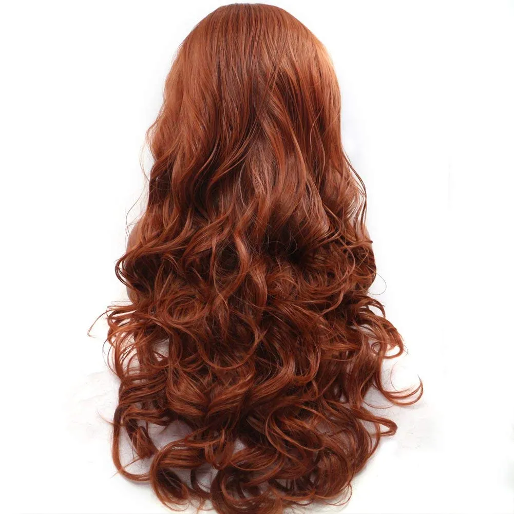 ELESTY Glueless Synthetic Lace Front Wig Copper Red Long Natural Wavy Free Part Lace Wigs Heat Resistant Synthetic Hair Wig for Women 24Inch