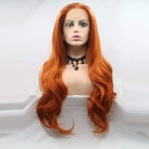 ELESTY Orange Color Synthetic Lace Front Wigs Free Part Long Wavy Synthetic Glueless Half Hand Tied Lace Wigs For Women 24Inch