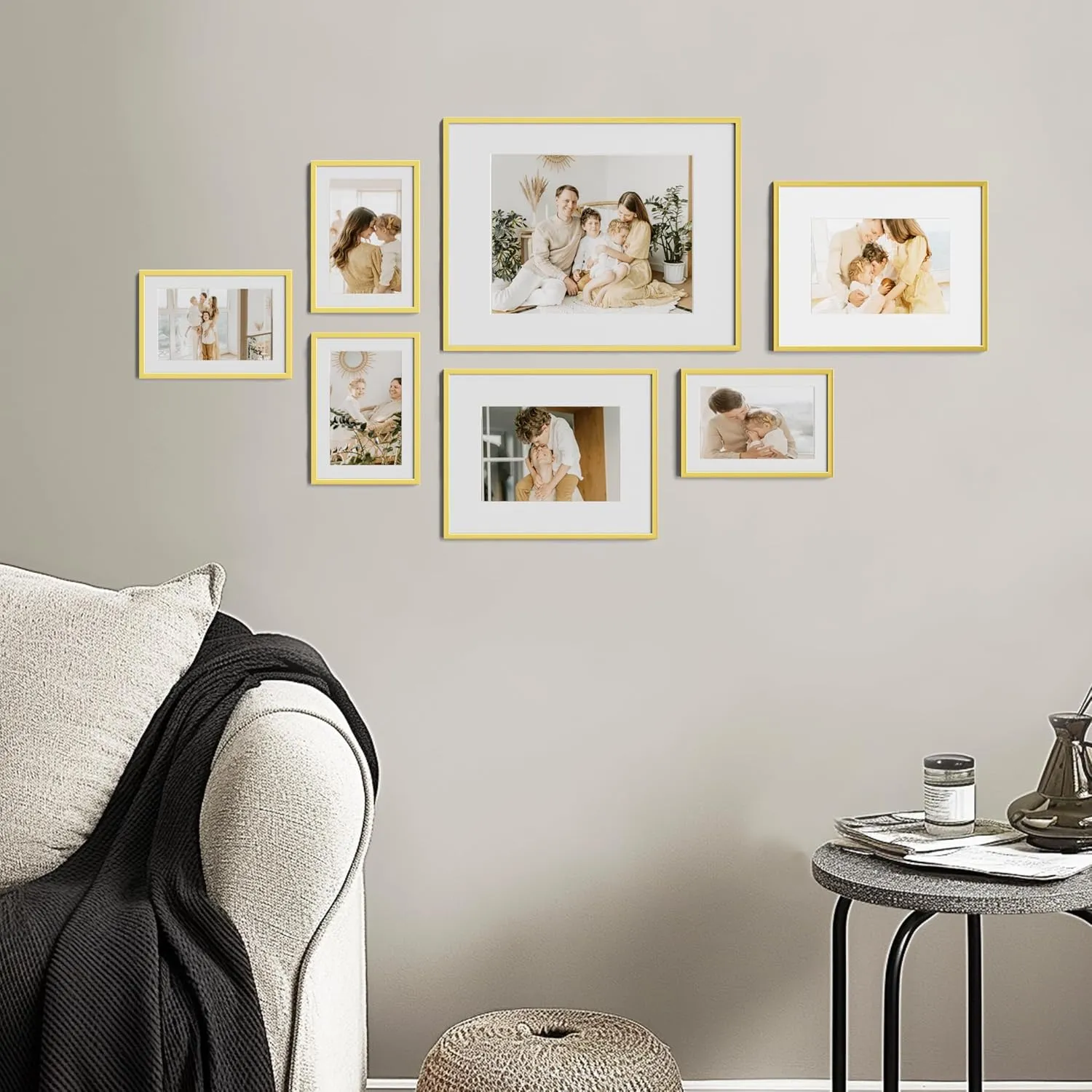 eletecpro Aluminum Gallery Wall Frame Set of 7, Including 1Pc 11x14, 2Pcs 8x10, 4Pcs 5x7 Photo Frames for Wall or Tabletop Display, Multiple Sizes Picture Frames Collage Wall Decor, Gold