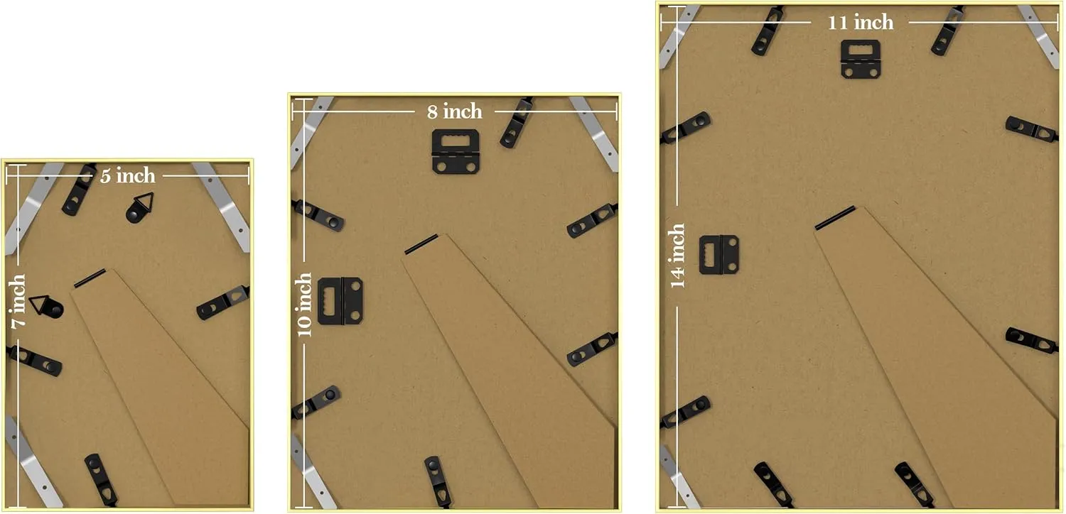 eletecpro Aluminum Gallery Wall Frame Set of 7, Including 1Pc 11x14, 2Pcs 8x10, 4Pcs 5x7 Photo Frames for Wall or Tabletop Display, Multiple Sizes Picture Frames Collage Wall Decor, Gold