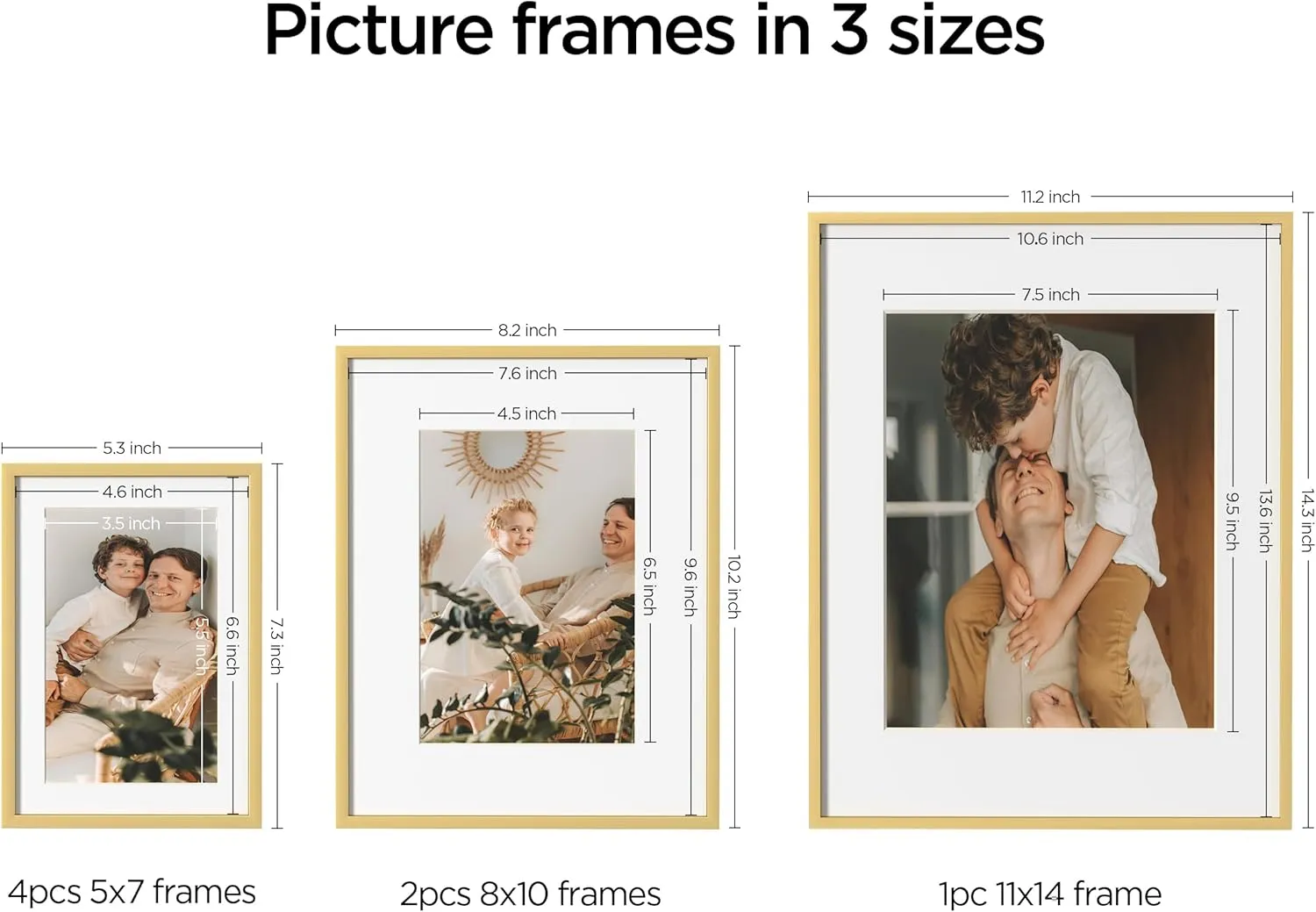 eletecpro Aluminum Gallery Wall Frame Set of 7, Including 1Pc 11x14, 2Pcs 8x10, 4Pcs 5x7 Photo Frames for Wall or Tabletop Display, Multiple Sizes Picture Frames Collage Wall Decor, Gold