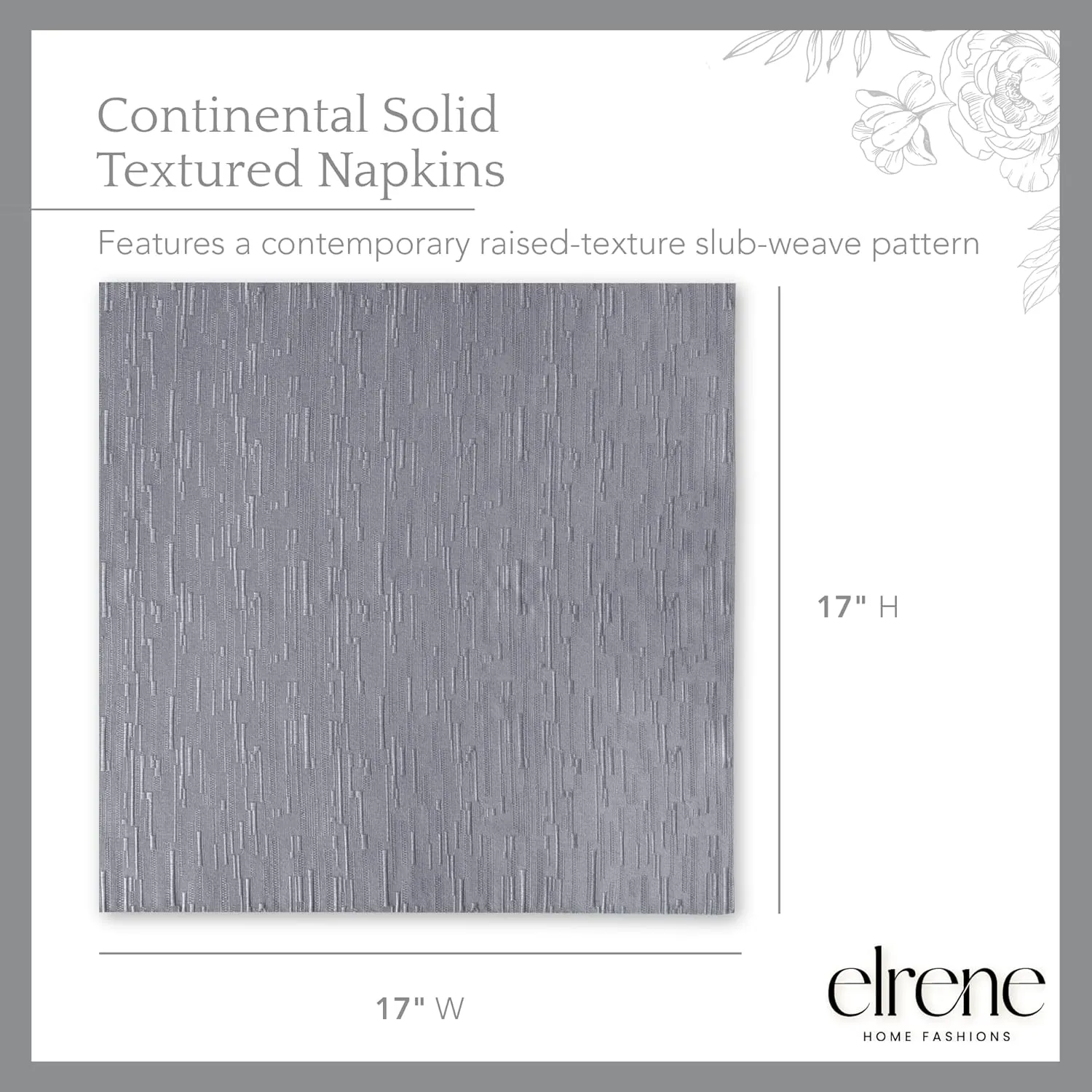 Elrene Home Fashions Continental Solid Texture Water and Stain Resistant Fabric Dining Napkins, Set of 4, 17"x17", Gray