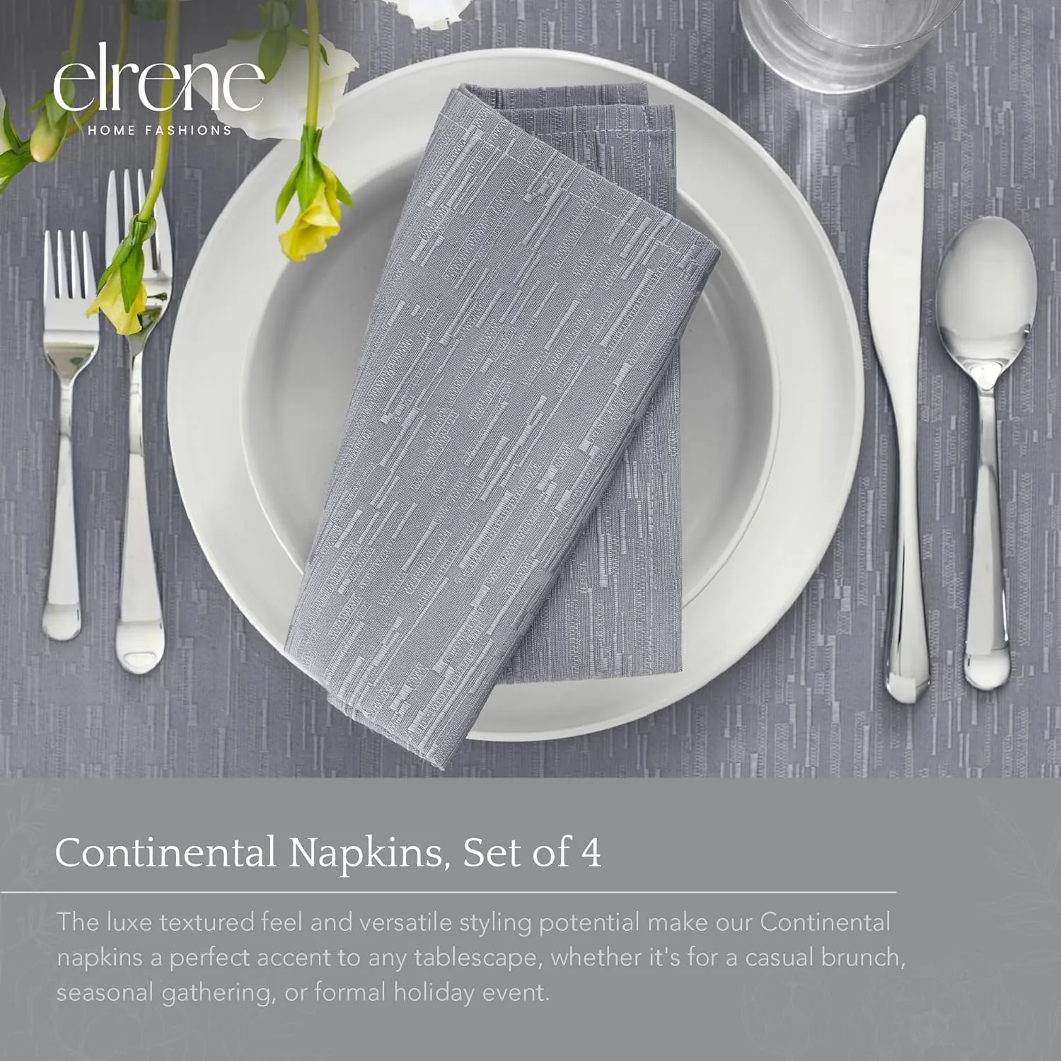 Elrene Home Fashions Continental Solid Texture Water and Stain Resistant Fabric Dining Napkins, Set of 4, 17"x17", Gray