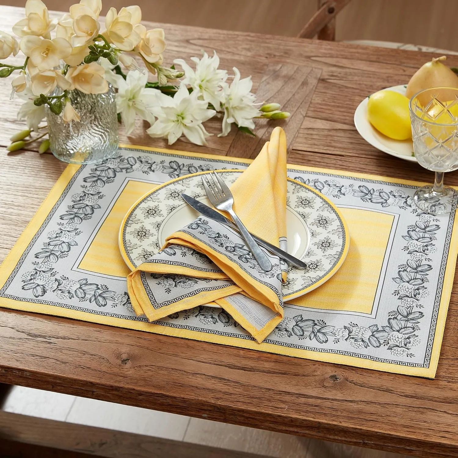 Elrene Home Fashions Villeroy & Boch Audun Stain and Water Resistant Bordered Cloth Dinner Napkins, 21"x21", Set of 4