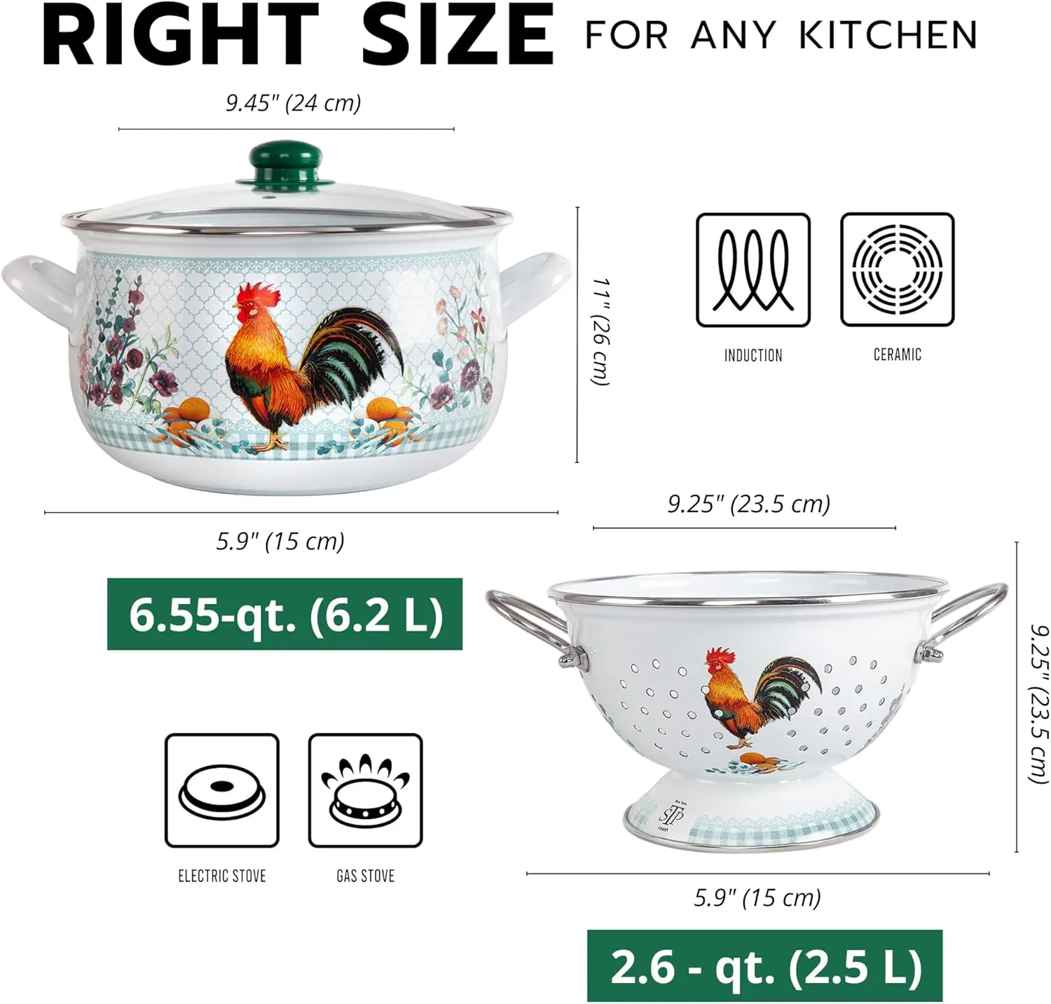 Enamel Aluminum Casserole & Colander Pasta Set with Complimentary Cotton Kitchen Towel & Spatula 1 pot, 1 glass lid, 1 colander (Golden Rooste)