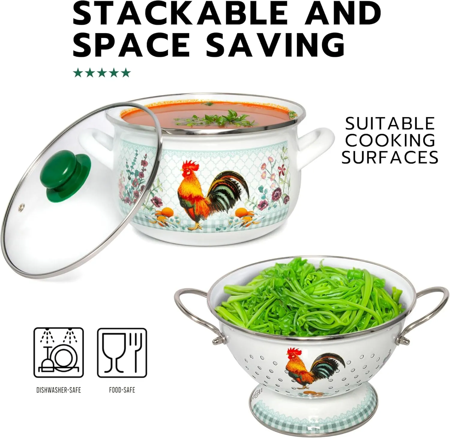 Enamel Aluminum Casserole & Colander Pasta Set with Complimentary Cotton Kitchen Towel & Spatula 1 pot, 1 glass lid, 1 colander (Golden Rooste)