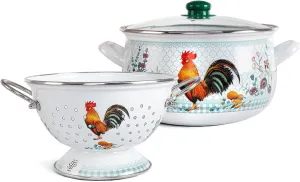 Enamel Aluminum Casserole & Colander Pasta Set with Complimentary Cotton Kitchen Towel & Spatula 1 pot, 1 glass lid, 1 colander (Golden Rooste)