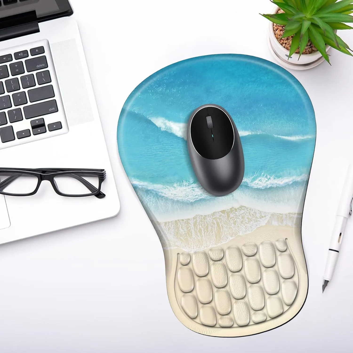 Ergonomic Mouse Pad with Wrist Rest Support, Mousepad with Comfortable Memory Foam Wrist Rest and Non-Slip PU Base for Pain Relief, Computer, Laptop, Office, Home (Beach-1)