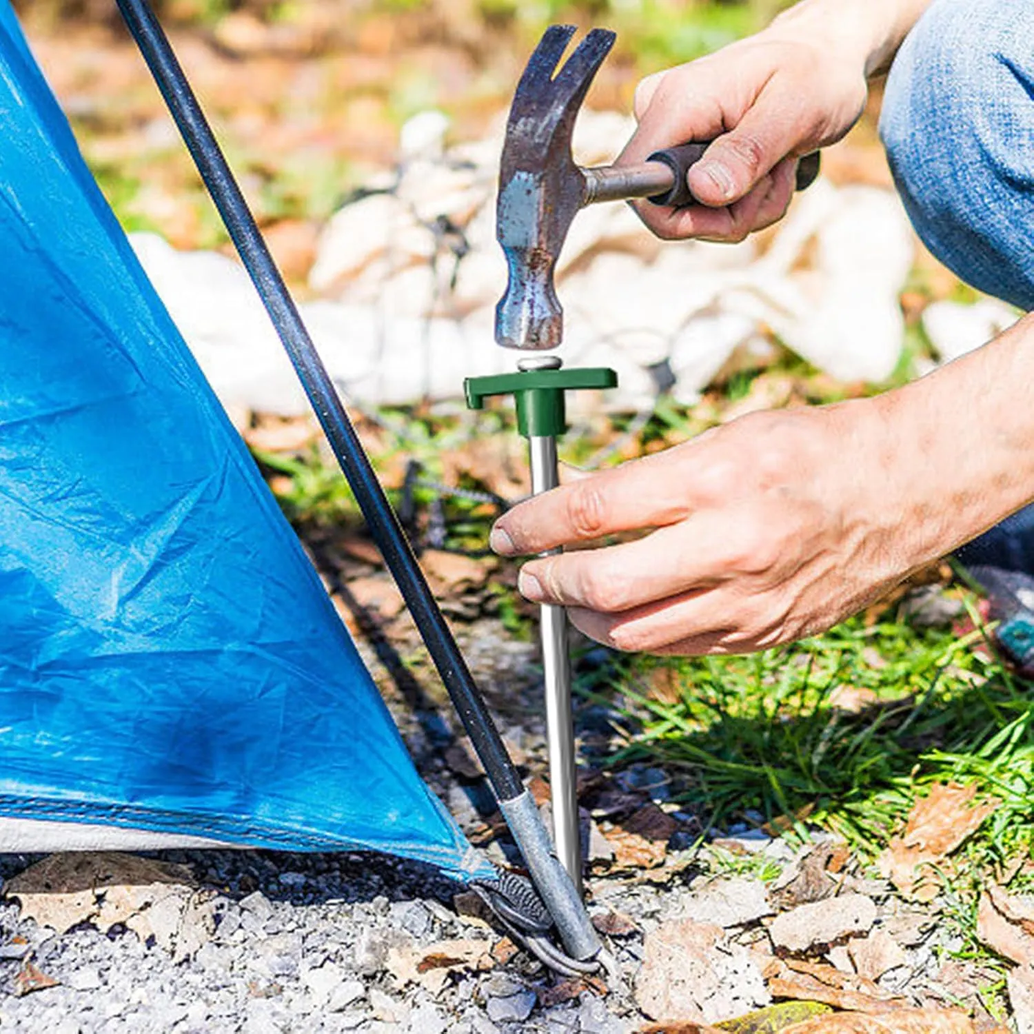 Eurmax USA Galvanized Non-Rust Camping Family Tent Pop Up Tent Stakes Ice Tools Heavy Duty 20pc-Pack, with 4x10ft Ropes & 1 Green Stopper