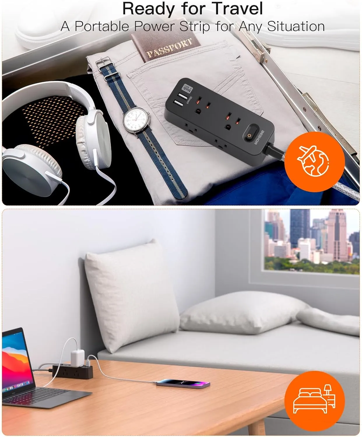Extension Cord 25FT, BESHON Power Strip Surge Protector, 6 Outlets with 3 USB Ports(1 USB C Outlet), 3-Side Outlet Extender, Wall Mount, Compact for Travel, Home, College Dorm Room, and Office, Black