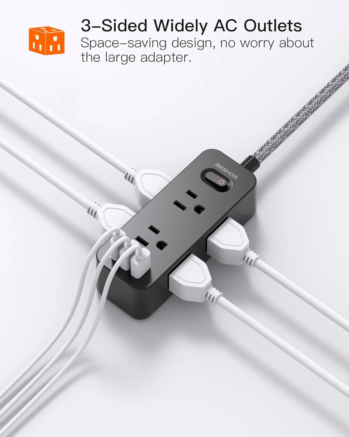 Extension Cord 25FT, BESHON Power Strip Surge Protector, 6 Outlets with 3 USB Ports(1 USB C Outlet), 3-Side Outlet Extender, Wall Mount, Compact for Travel, Home, College Dorm Room, and Office, Black