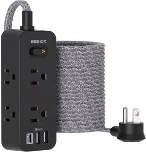 Extension Cord 25FT, BESHON Power Strip Surge Protector, 6 Outlets with 3 USB Ports(1 USB C Outlet), 3-Side Outlet Extender, Wall Mount, Compact for Travel, Home, College Dorm Room, and Office, Black