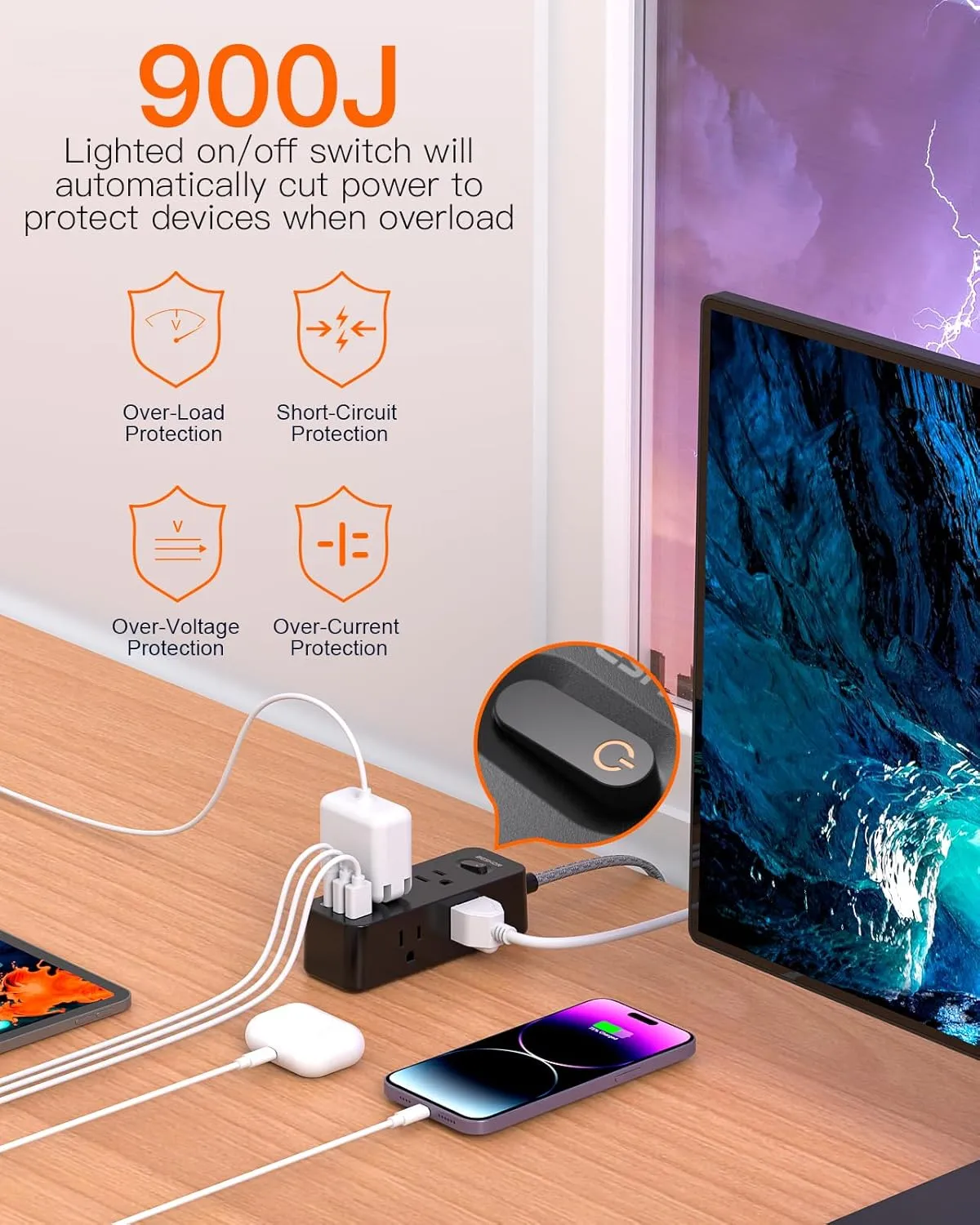Extension Cord 25FT, BESHON Power Strip Surge Protector, 6 Outlets with 3 USB Ports(1 USB C Outlet), 3-Side Outlet Extender, Wall Mount, Compact for Travel, Home, College Dorm Room, and Office, Black