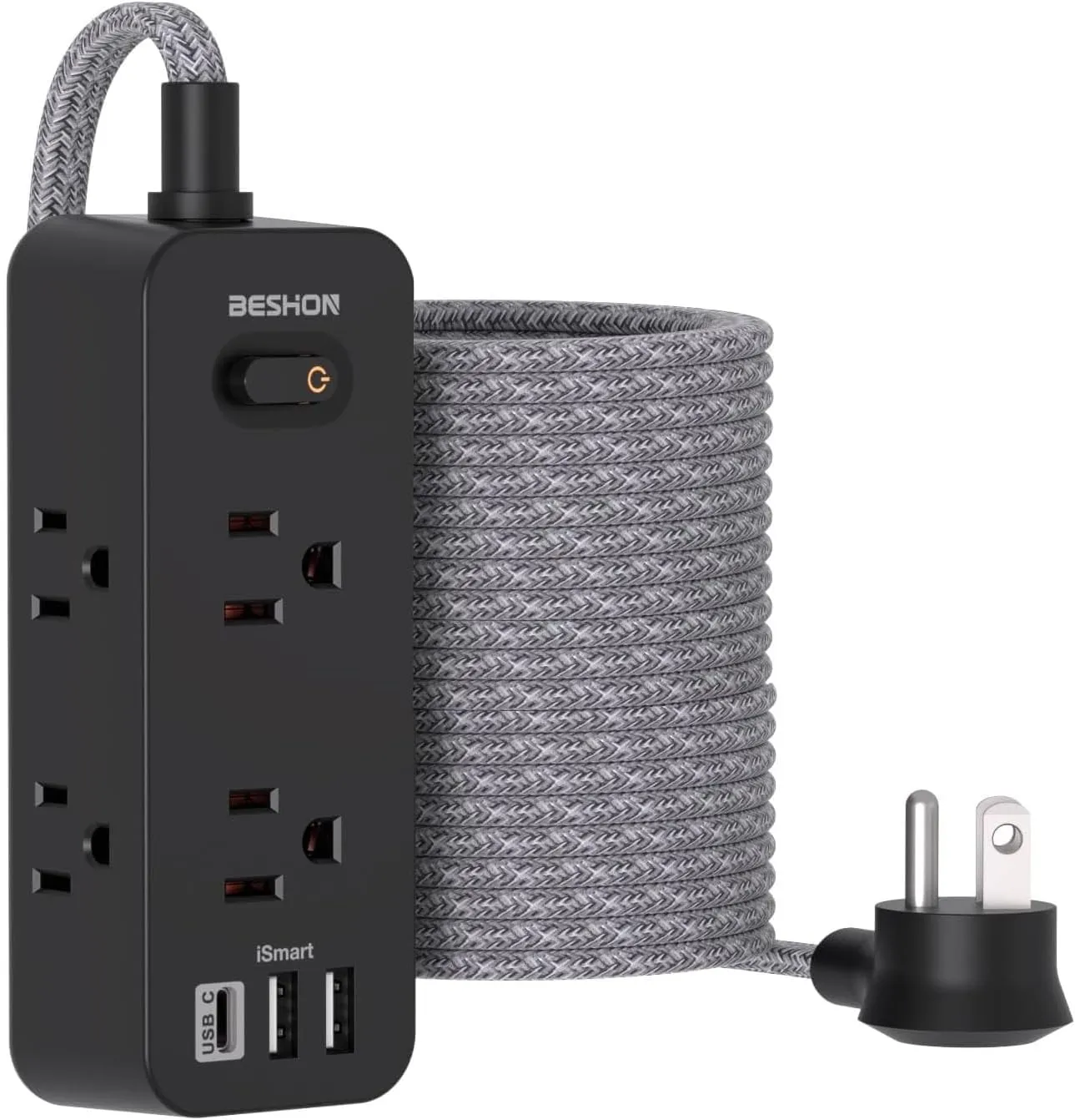 Extension Cord 25FT, BESHON Power Strip Surge Protector, 6 Outlets with 3 USB Ports(1 USB C Outlet), 3-Side Outlet Extender, Wall Mount, Compact for Travel, Home, College Dorm Room, and Office, Black