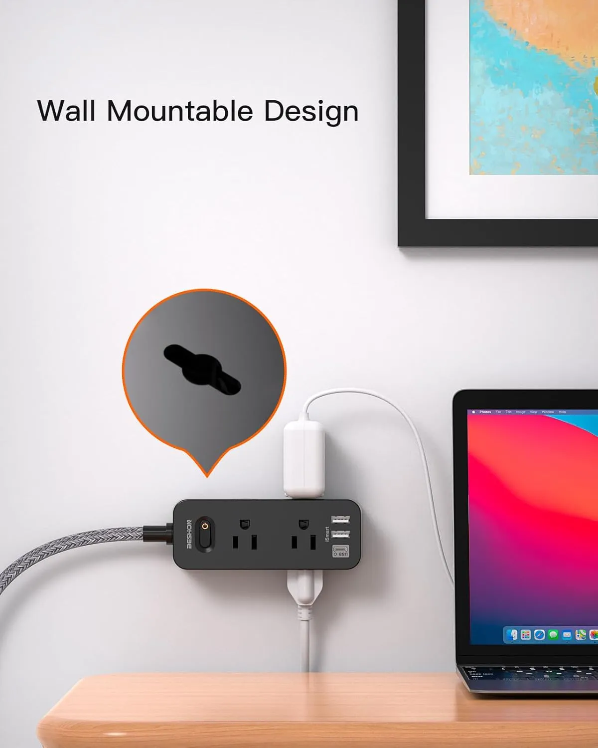 Extension Cord 25FT, BESHON Power Strip Surge Protector, 6 Outlets with 3 USB Ports(1 USB C Outlet), 3-Side Outlet Extender, Wall Mount, Compact for Travel, Home, College Dorm Room, and Office, Black