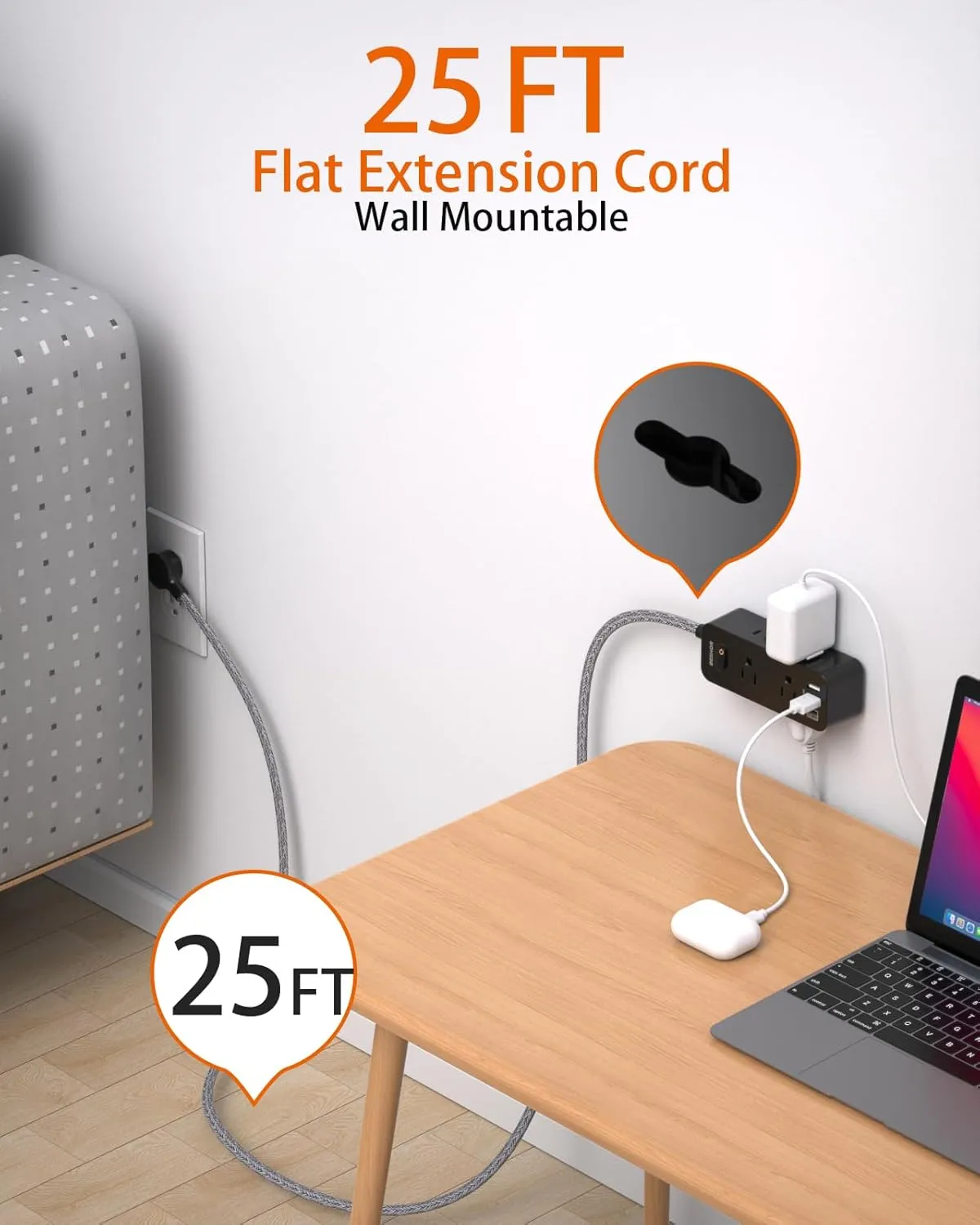 Extension Cord 25FT, BESHON Power Strip Surge Protector, 6 Outlets with 3 USB Ports(1 USB C Outlet), 3-Side Outlet Extender, Wall Mount, Compact for Travel, Home, College Dorm Room, and Office, Black