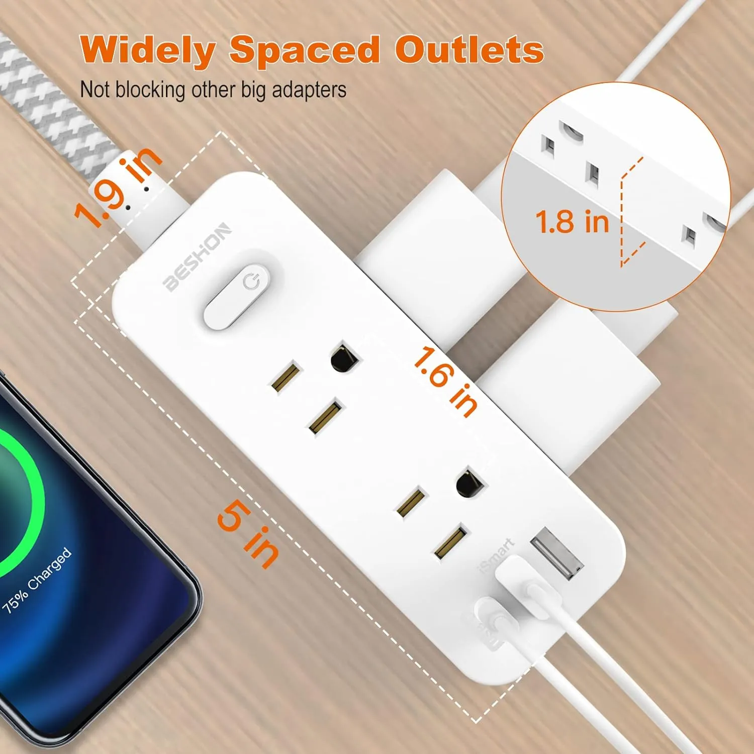 Extension Cord 25FT, BESHON Power Strip Surge Protector, 6 Outlets with 3 USB Ports(1 USB C Outlet), 3-side Outlet Extender, Wall Mount, Compact for Travel, Home, School, College Dorm Room, and Office