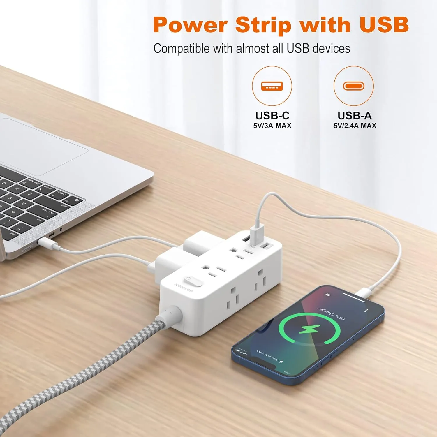 Extension Cord 25FT, BESHON Power Strip Surge Protector, 6 Outlets with 3 USB Ports(1 USB C Outlet), 3-side Outlet Extender, Wall Mount, Compact for Travel, Home, School, College Dorm Room, and Office