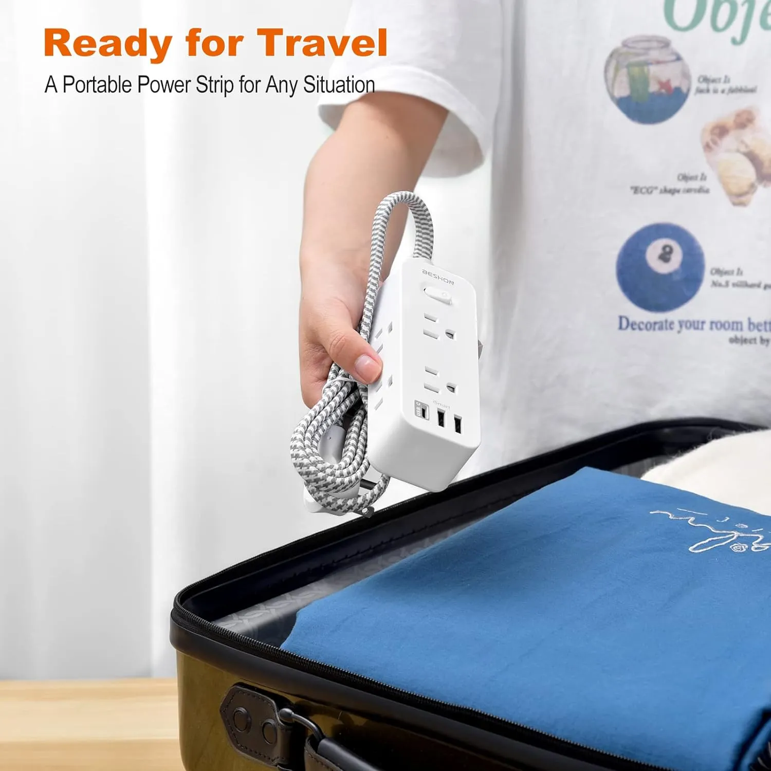 Extension Cord 25FT, BESHON Power Strip Surge Protector, 6 Outlets with 3 USB Ports(1 USB C Outlet), 3-side Outlet Extender, Wall Mount, Compact for Travel, Home, School, College Dorm Room, and Office