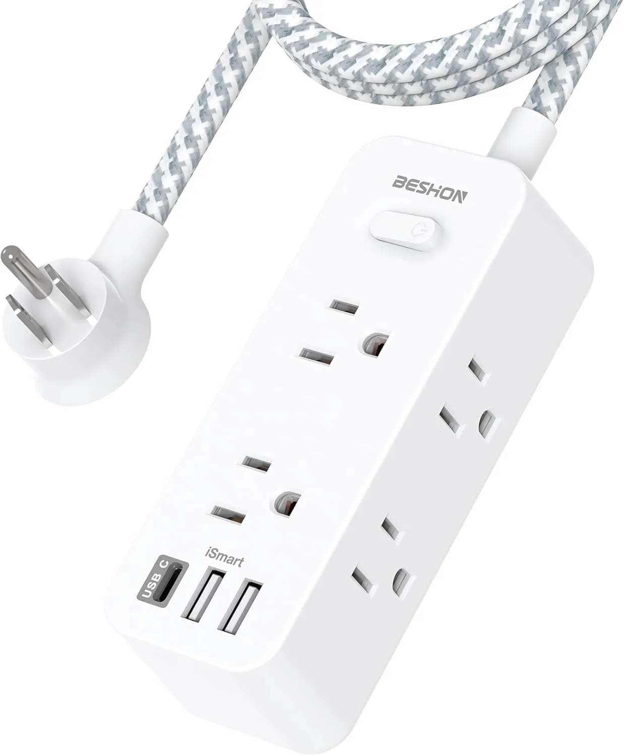 Extension Cord 25FT, BESHON Power Strip Surge Protector, 6 Outlets with 3 USB Ports(1 USB C Outlet), 3-side Outlet Extender, Wall Mount, Compact for Travel, Home, School, College Dorm Room, and Office