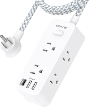 Extension Cord 25FT, BESHON Power Strip Surge Protector, 6 Outlets with 3 USB Ports(1 USB C Outlet), 3-side Outlet Extender, Wall Mount, Compact for Travel, Home, School, College Dorm Room, and Office
