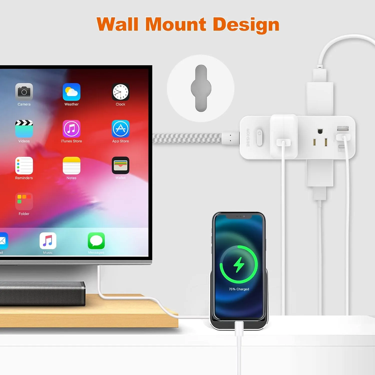 Extension Cord 25FT, BESHON Power Strip Surge Protector, 6 Outlets with 3 USB Ports(1 USB C Outlet), 3-side Outlet Extender, Wall Mount, Compact for Travel, Home, School, College Dorm Room, and Office