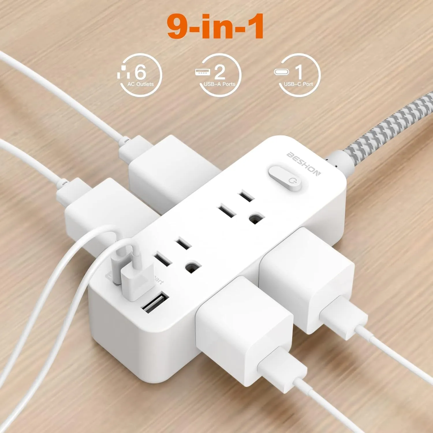Extension Cord 25FT, BESHON Power Strip Surge Protector, 6 Outlets with 3 USB Ports(1 USB C Outlet), 3-side Outlet Extender, Wall Mount, Compact for Travel, Home, School, College Dorm Room, and Office