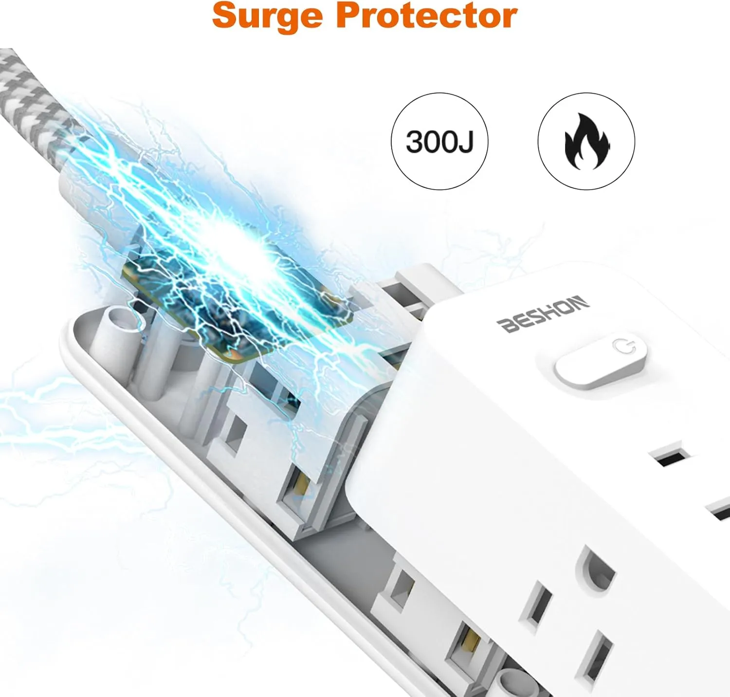 Extension Cord 25FT, BESHON Power Strip Surge Protector, 6 Outlets with 3 USB Ports(1 USB C Outlet), 3-side Outlet Extender, Wall Mount, Compact for Travel, Home, School, College Dorm Room, and Office