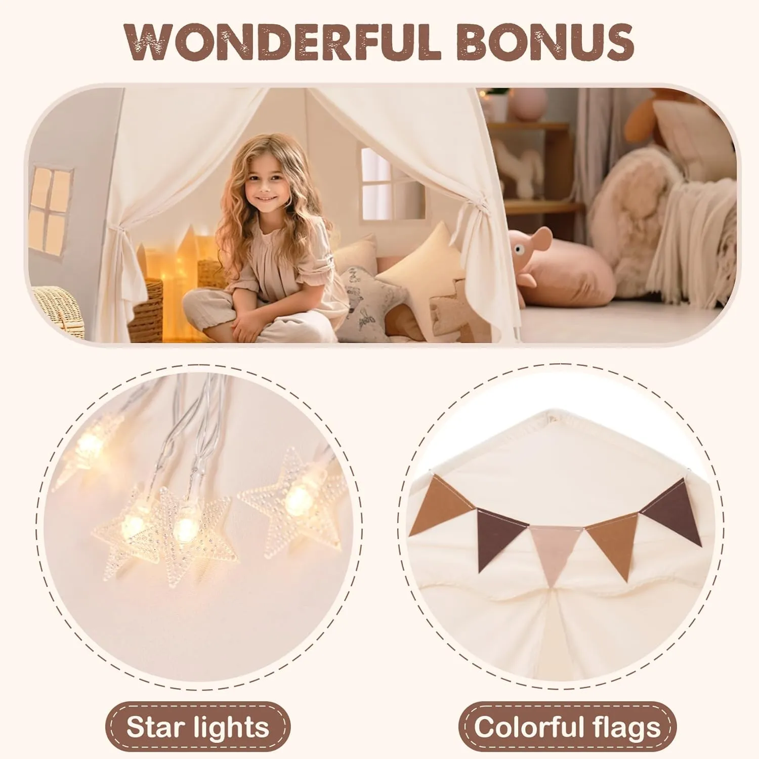 Extra Large Toddler Bed Tent & Kids Play Tent Bed Tent with Flags & Star Lights, Portable & Foldable Teepee, Indoor Outdoor Dome Tent Playhouse, 51x39x51 in, Cream