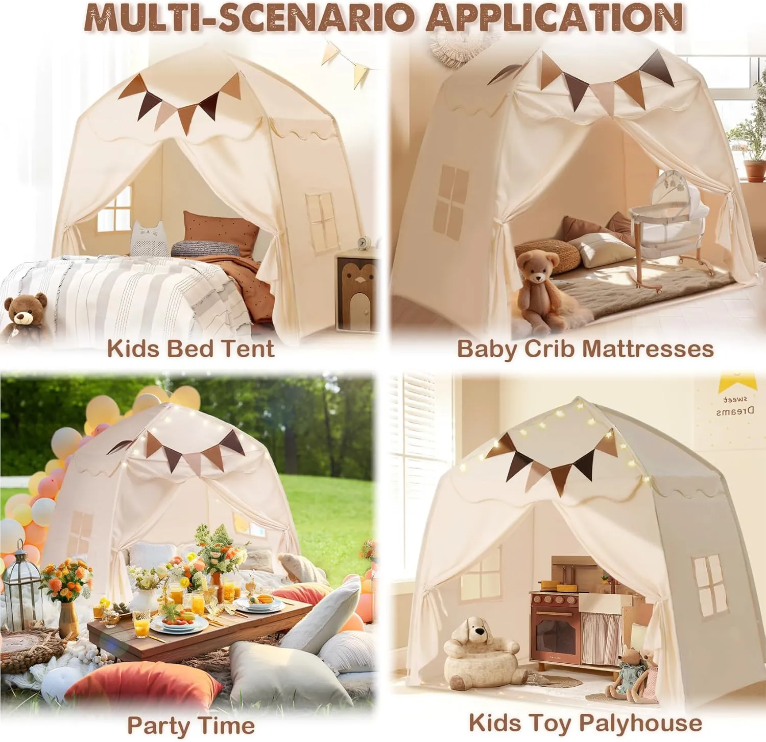 Extra Large Toddler Bed Tent & Kids Play Tent Bed Tent with Flags & Star Lights, Portable & Foldable Teepee, Indoor Outdoor Dome Tent Playhouse, 51x39x51 in, Cream