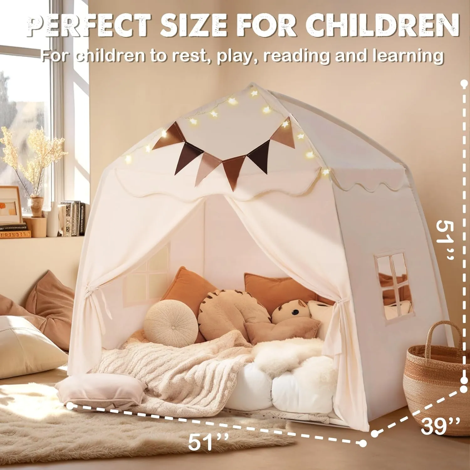 Extra Large Toddler Bed Tent & Kids Play Tent Bed Tent with Flags & Star Lights, Portable & Foldable Teepee, Indoor Outdoor Dome Tent Playhouse, 51x39x51 in, Cream