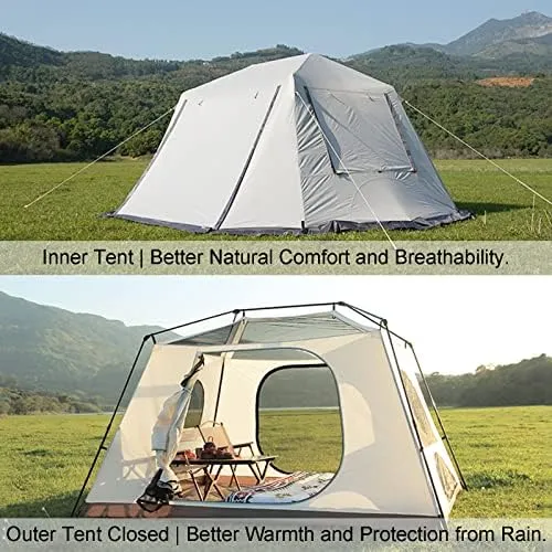 Family Camping Tent, Pop Up Tent 4 Person Family Dome Tent Waterproof Windproof with Roof Skylights, 2 in 1 Double Layers Outdoor Tents for Camping Hiking Backpacking (Style 2 370*