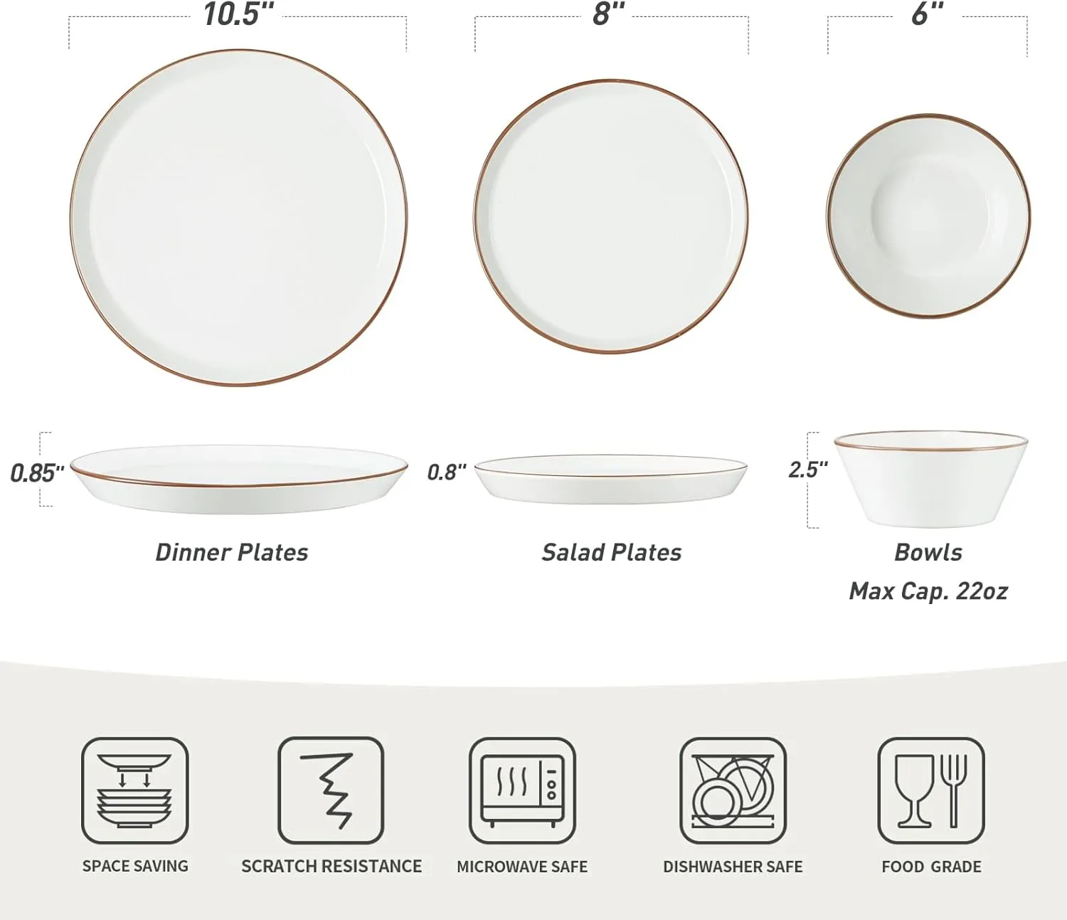 Famiware Saturn Dinnerware Sets, Speckled Plates and Bowls Sets for 4, 12 Pieces Stoneware Dish Set - Chip and Scratch Resistant, Microwave and Dishwasher Safe Tableware Set, White with Rim