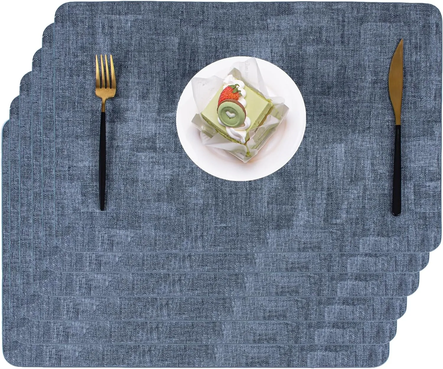 Faux Leather Place Mats for Dining Tables, Heat Resistant Placemats Set of 6 Washable Wipeable, Waterproof, Stain Resistant, Table Mats for Kitchen and Decor (Dark Blue Rectangle B, 6pcs)