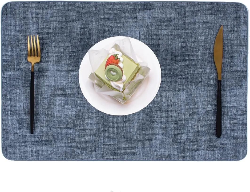Faux Leather Place Mats for Dining Tables, Heat Resistant Placemats Set of 6 Washable Wipeable, Waterproof, Stain Resistant, Table Mats for Kitchen and Decor (Dark Blue Rectangle B, 6pcs)