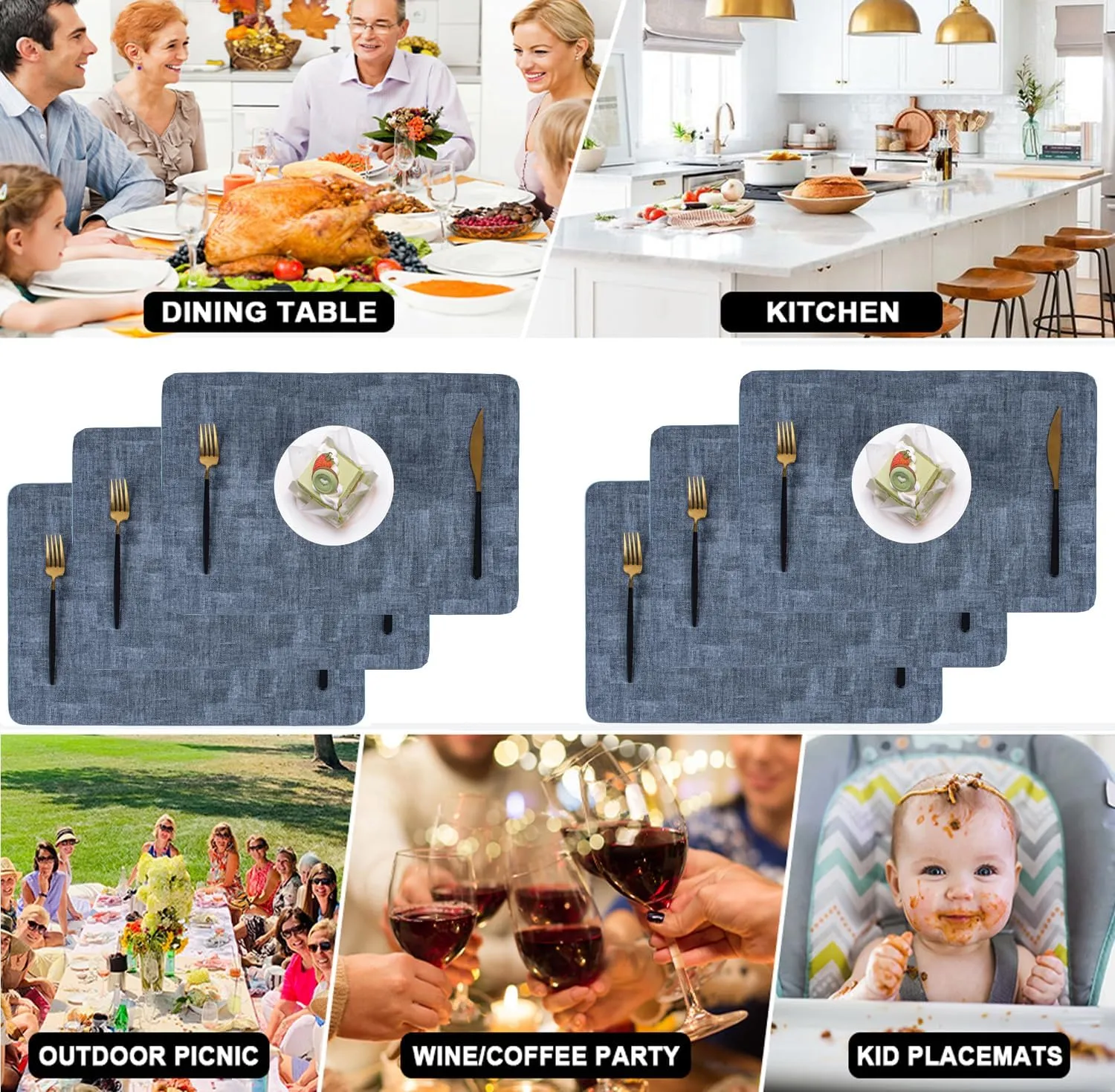 Faux Leather Place Mats for Dining Tables, Heat Resistant Placemats Set of 6 Washable Wipeable, Waterproof, Stain Resistant, Table Mats for Kitchen and Decor (Dark Blue Rectangle B, 6pcs)